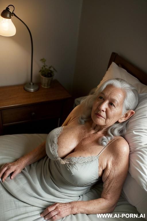 scene features a modest amateur suburban elderly granny, and two realistic elderly gnome-men. ((very low-light bedroom)) ((room is dimly lit by a only! very low ambient bedside lamp)), ((casting a - #main