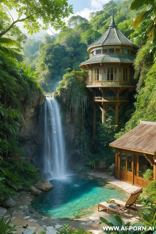 wood cabin hotel in woods mountain hills jungle island beach several female lesbian nude orgy blonde long wavy blond in mountains landscape river cove outside view at steampunk castle mansion - #main