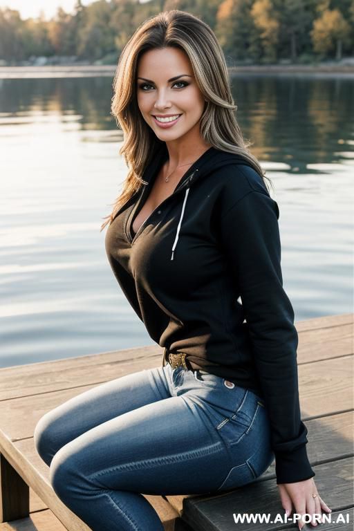 busty brunette athlete with blonde highlights, saggy boobs, wearing blue denim jeans and black sweatshirt, sitting on dock by the lake, late in the evening, evil grin - #main