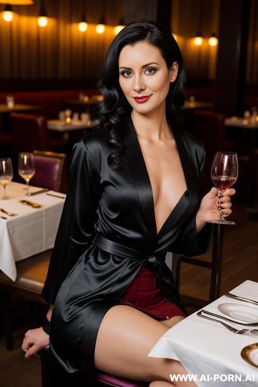 wearing a black satin robe and stockings - #main