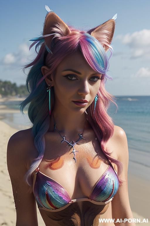 face, sexy, beautiful, ((body painting)), ((bikini as seashell)), ((fantasy bikini)), ((roses)), ((eyes shw)), ((angel wings)), ((rainbow hair)), (( makeup)), ((glitter)), ((long bu hair)), ((heterochromia - #main