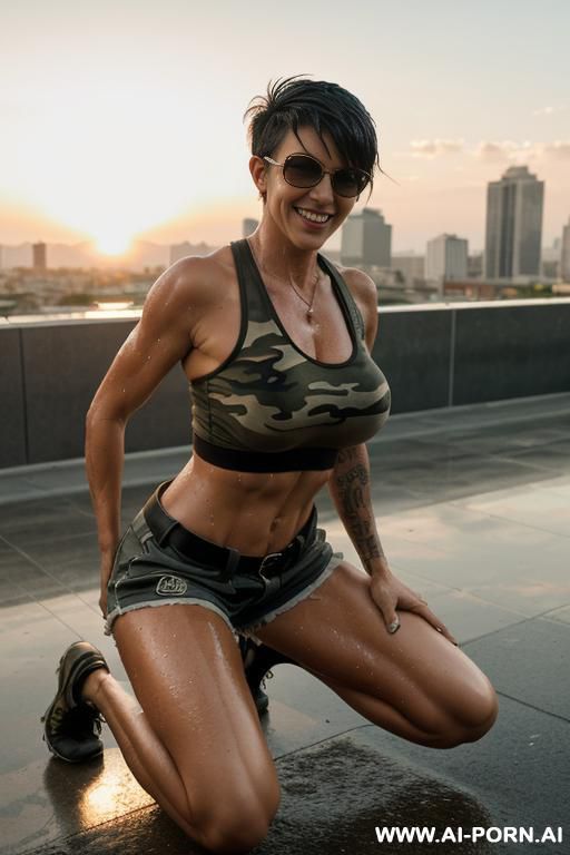 mom, spanish , kneeling , hair punk pixie , baseball glove on hand, muscle fit ,sunglasses, boobs, tight shorts, camouflage knotted shirt , wet hair ,wet skin ,roof , sunset - #main