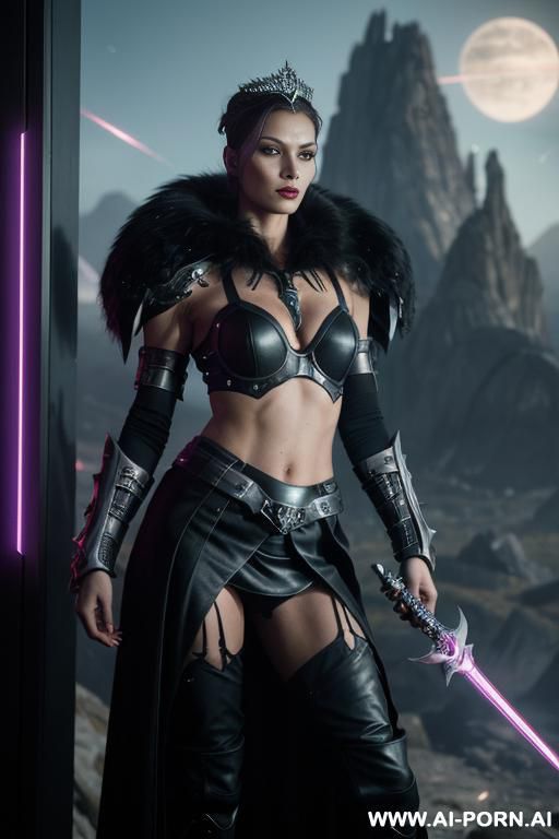 (medium shot), (front view), (eye contact), (looking at viewer), sci-fi dark fantasy swordswoman, dominant body pose, threaing looking woman, arrogant cruel face, ultra realistic, slender sinewy body, - #main