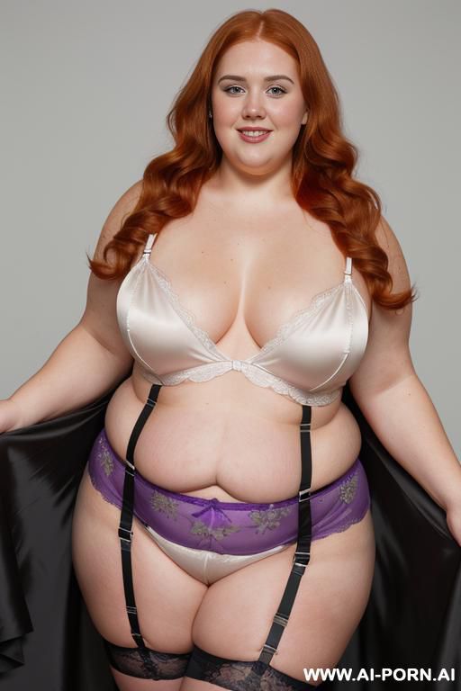 half body photo shot close up. a ((british obese fat bbw redhead)), ((thick with love handless)). ((wearing a violet bright sexy and hot nun garter belt bride lingerie of flowers, and a silk micro-skirt)). she is smiling - #main