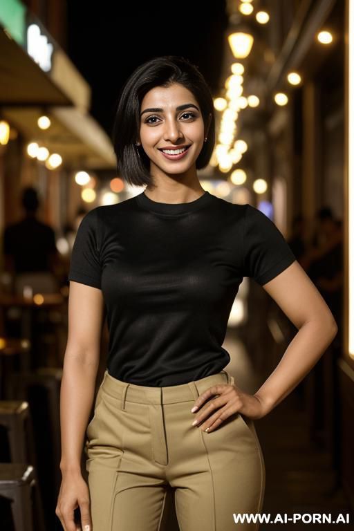 (urwa hocane), (((tanned punjabi ))), ((black crew neck short sleeve shirt, khaki pants)), (christmas), (big nose), ((smiling at the camera)), photorealistic, (ultra detailed photo), (hyper realistic - #main