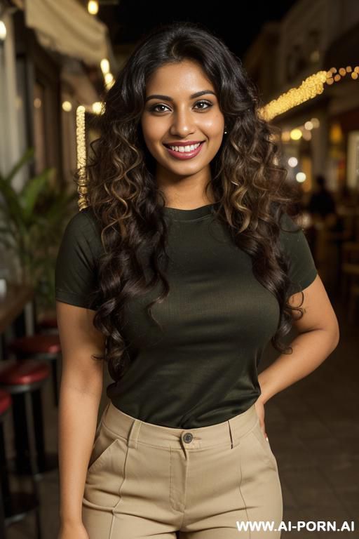 (actress topanga), (((tanned punjabi ))), (( black crew neck short sleeve shirt, khaki pants )), (christmas), (big full lips), ((smiling at the camera)), photorealistic, (ultra detailed photo), (hyper - #main