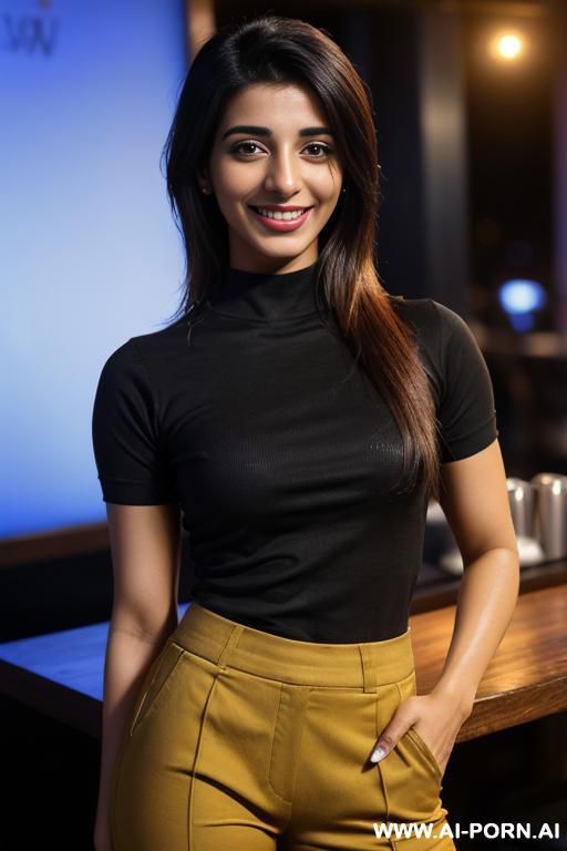 (urwa hocane), (((tanned punjabi ))), ((black crew neck short sleeve shirt, pants)), (christmas), (big nose), ((smiling at the camera)), photorealistic, (ultra detailed photo), (hyper realistic photo), - #main