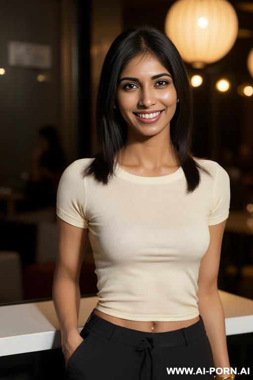 (higareda), ((lanky)), (((tanned punjabi ))), ((black crew neck short sleeve shirt, pants )), (christmas), (big full lips), ((smiling at the camera)), photorealistic, (ultra detailed photo), (hyper - #main