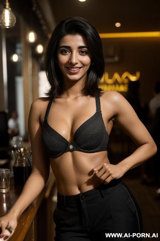 (urwa hocane), (((tanned punjabi ))), ((black bra, pants)), (christmas), (big nose), ((smiling at the camera)), photorealistic, (ultra detailed photo), (hyper realistic photo), (standing inside a fancy - #main