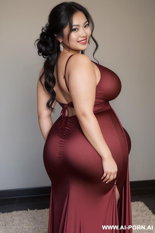 full thick body realistic photo. round face, a curvy asian big tits milf, wearing long dress with thig high slits on the back, messy hair updos with claw clips, view from back but her seductive face turning to camera, she is smiling - #main