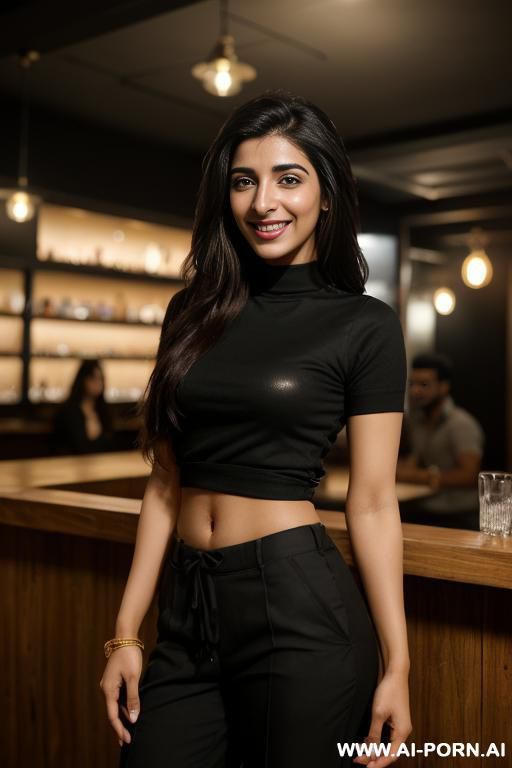 (urwa hocane), (((tanned punjabi ))), ((black crew neck short sleeve shirt, pants)), (christmas), (big nose), ((smiling at the camera)), photorealistic, (ultra detailed photo), (hyper realistic photo), - #main