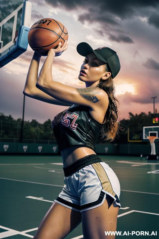 mom beauty face spanish , punk, muscle fit ,with view fish eye lens knees level shot , sexy pose standing boobs, tight shorts, baseball cap back, neckline camou, wet hair ,oil full skin ,in the basketball field , cloudy sunset raining ((((basketball )))) - #main