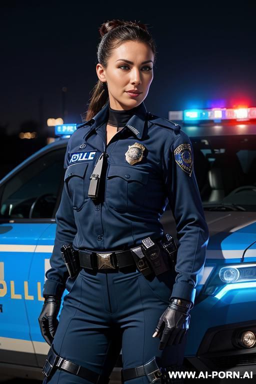 sci-fi policer (front view) (keep face) wide hips, muscular thighs, thighs gap (looking at the viewer) (detailed model face) beautiful sexy face, alluring smile, detailed skin, detailed hands (wearing sci-fi policer armor) (closeup belly) - #main