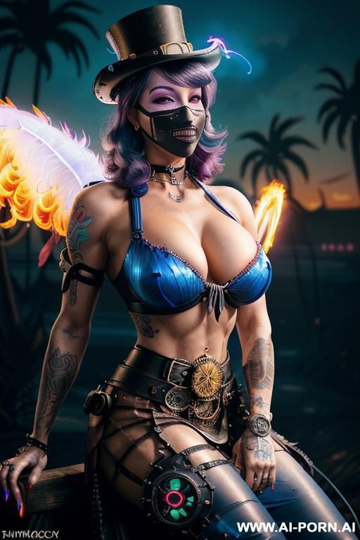 ((((masterpiece)))), (((woman sitting))), (glowing red eyes), (long blue purple and white hair with a flower), ((crop top white collar shirt with red tie)), ((((flaming angel wing)))), ((navy formal - #main