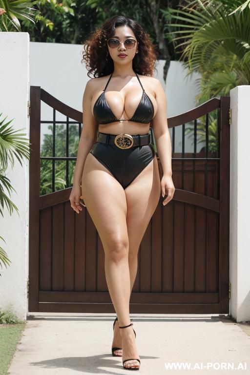 thai woman, fair skin, chubby, big breasts, curly hair, sunglasses, naked, belt, walking, high heels, lawn, high-waisted bikini, gate, street. - #main