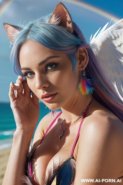 face, sexy, beautiful, ((milky skin)), ((bikini as seashell)), ((fantasy bikini)), ((roses)), ((eyes shw)), ((angel wings)), ((rainbow hair)), (( makeup)), ((glitter)), ((long bu hair)), ((heterochromia - #main