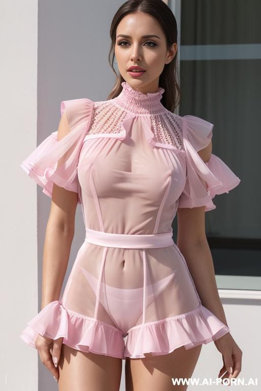 supersharp racy wife, superbeautiful, lightpink croped fulltransparent romantic peblum top, ruffles highneck puffed short sleeves, - #main