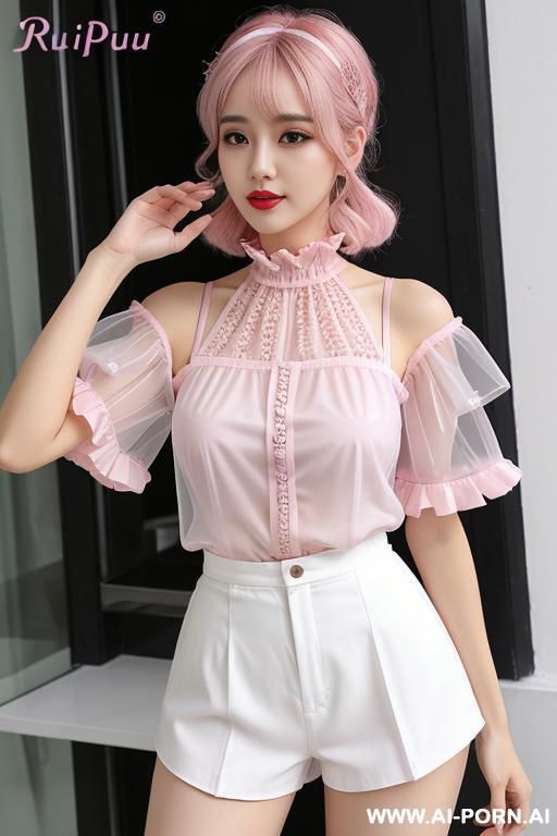 lightpink hairclips, croped fulltransparent romantic peblum top, ruffles highneck puffed short sleeves, - #main