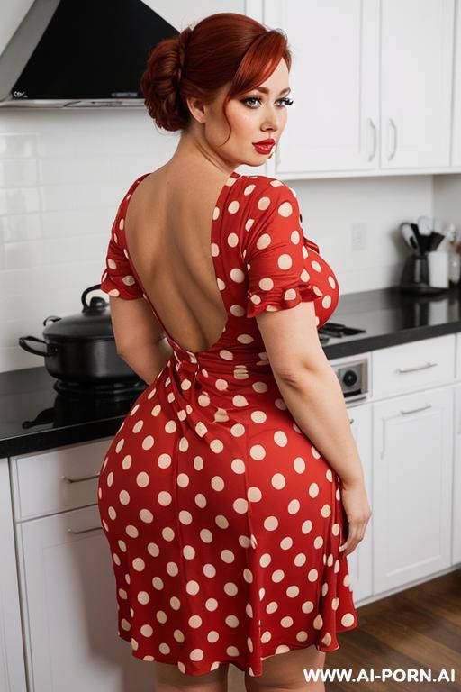 gorgeous hot copper hsired women wearing (((red polka dot dress))) in kitchen, curvy ass, fucked, pov, cartoon style - #main