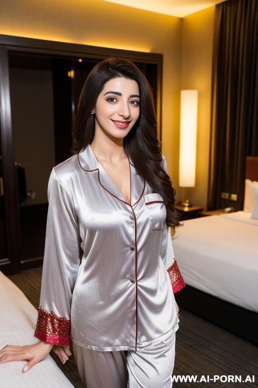 (urwa hocane), (((middle eastern ))), ((pajamas )), (christmas), (big nose), ((smiling at the camera)), photorealistic, (ultra detailed photo), (hyper realistic photo ), (standing in a fancy hotel room - #main