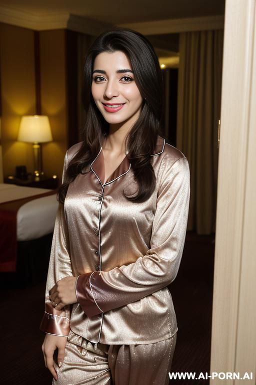 (urwa hocane), (((thai ))), ((pajamas )), (christmas), (big nose), ((smiling at the camera)), photorealistic, (ultra detailed photo), (hyper realistic photo ), (standing in a fancy hotel room ) , - #main