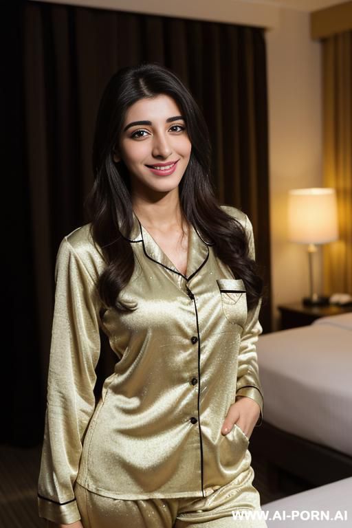 (urwa hocane), (((south indian ))), ((pajamas )), (dark complexion), (big nose), ((smiling at the camera)), photorealistic, (ultra detailed photo), (hyper realistic photo ), (standing in a fancy hotel - #main