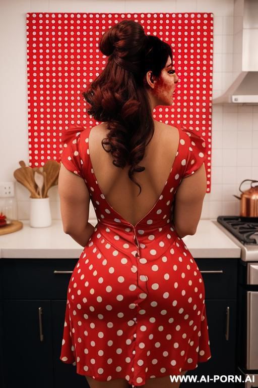 gorgeous hot copper hsired women wearing (((red polka dot dress))) in kitchen, curvy ass, fucked, pov, cartoon style nakef - #main