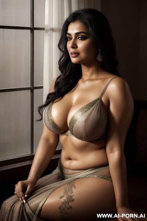 a graceful, mature indian woman in a deep black, seated beside a rain-soaked window. golden hour light pours softly onto her glowing skin and silver-streaked hair, high-lighting the shimmer of - #main