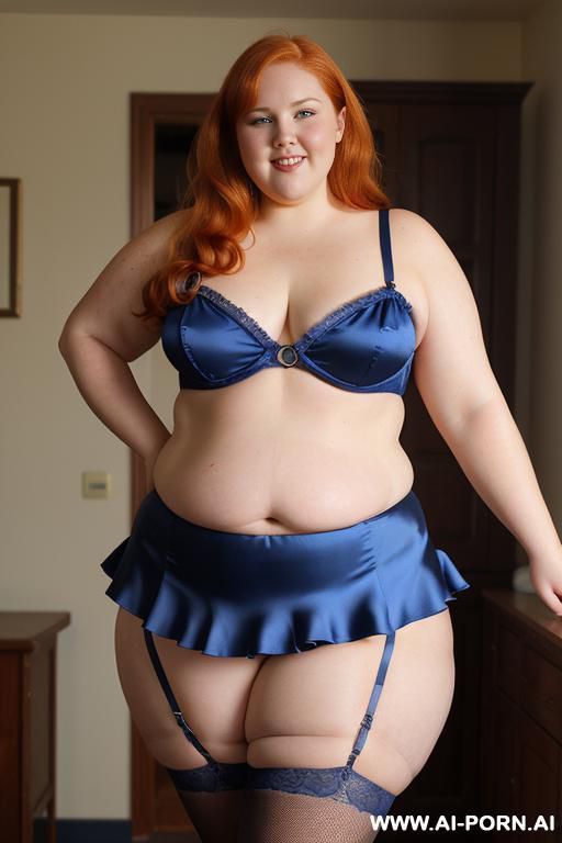 half body photo shot close up. a ((british obese fat bbw redhead)), ((thick with love handless)). ((wearing a yellow sexy and hot garter belt lingerie, and a dark-blue ruffle silk micro-skirt)). she is smiling - #main