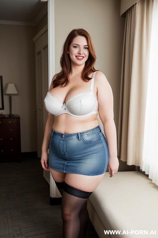 cut off denim skirt and white bra, thigh high stockings, black high heel pumps, ((lanky)), (christmas), ((smiling at the camera)), photorealistic, (ultra detailed photo), (hyper realistic photo) , - #main