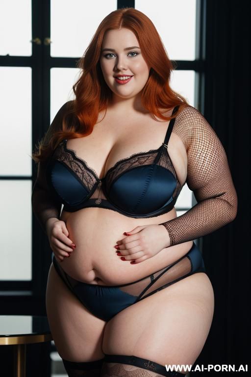 photorealistic british redhead bbw woman, obese and chubby body shape, 20s, smiling, wearing intricate black fishnet lingerie bodysuit with geometric patterns, standing in a modern studio interior, - #main