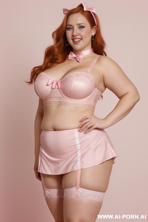 (((half body photo shot close up photo))). a (british obese fat bbw redhead), ((thick body, with tummy and love handless)). (wearing a lingerie garter belt top.) - #main