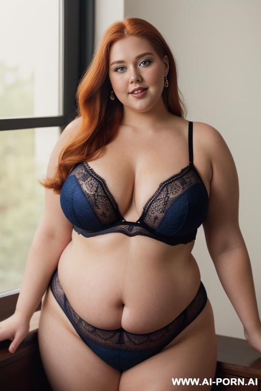 photorealistic british redhead bbw woman, chubby body type, soft natural belly, subtle belly rolls, 20 to 30, smiling mly, wearing intricate black geometric fishnet lingerie bodysuit, confident and - #main