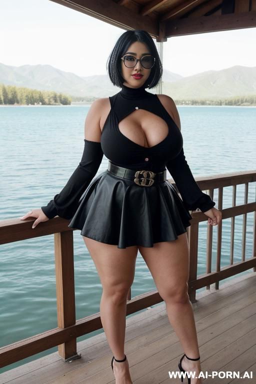 pornstar bimbo, hourglass body, bimbo lips, gigantic fake tits, teapered waist, cumslut milf, curvy body, sexy bimbo face, full body view, ((keep face)), ((keep body)), sunny summer day, outside large lake house on the lake, - #main