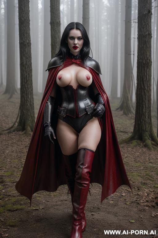 vampire, armour, skin, red lips, forest, foggy, leather boots, cape, topless, naked boobs, yful face, horny face, dark hair, red eyes - #main