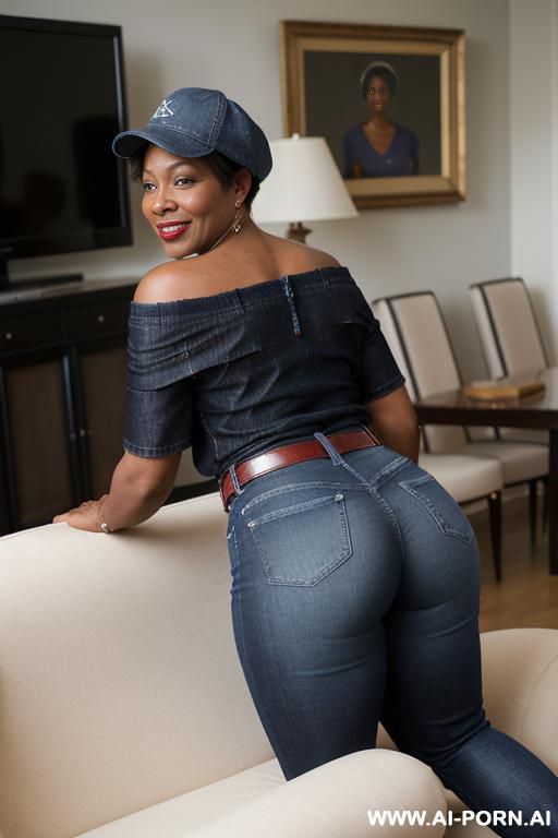 ebony mature woman, vintage straight blue jeans , red top, belt, pear ass, gatsby white cap, oxford shoes - #main