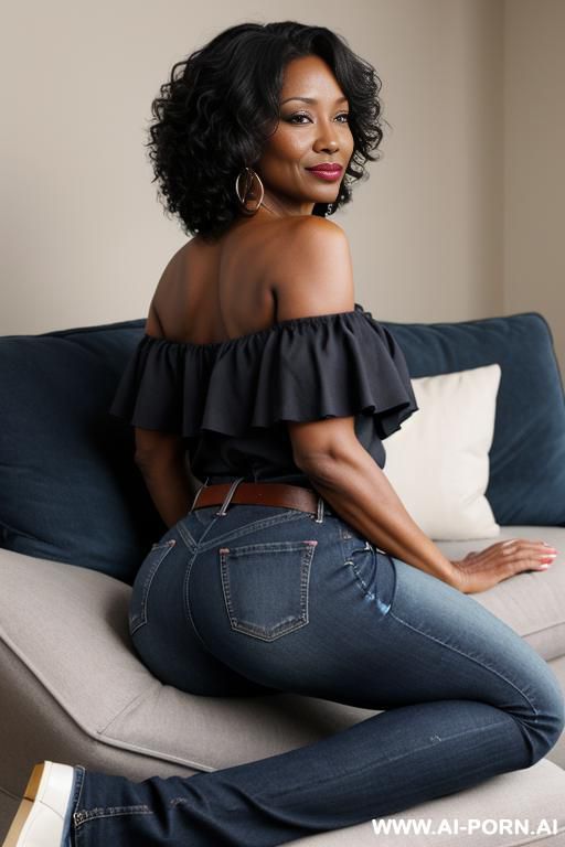 ebony mature woman, pocketless back blue jeans , red top, belt, pear ass, oxford shoes - #main