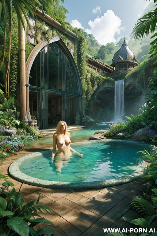 wood cabin hotel in woods mountain hills jungle island beach several female lesbian nude orgy blonde long wavy blond in mountains landscape river cove outside view at steampunk castle mansion - #main