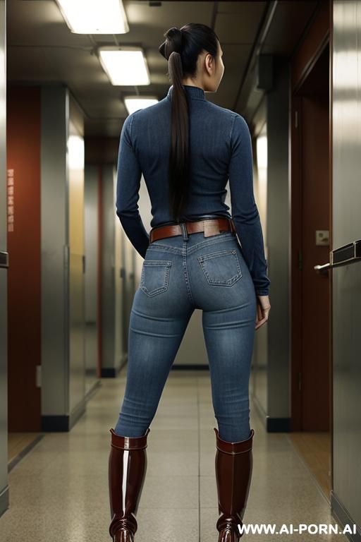 asian, tight light-blue jeans, leather belt, brown riding flats long boots - #main