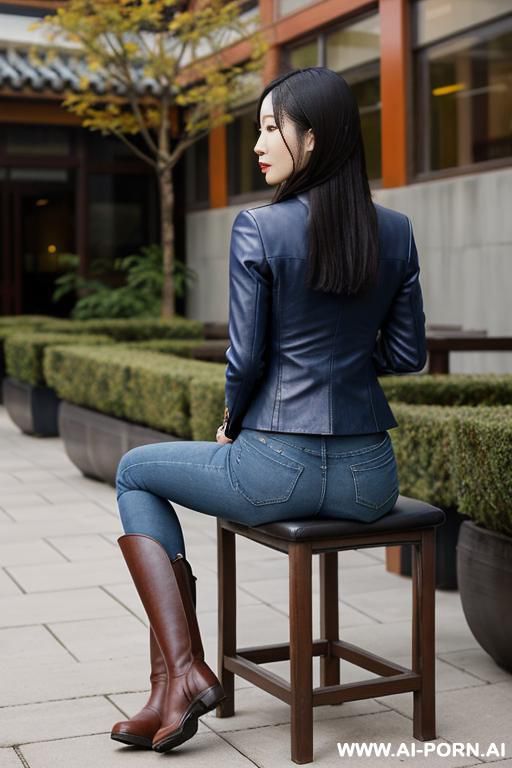 asian, tight blue jeans, brown riding flats long boots - #main