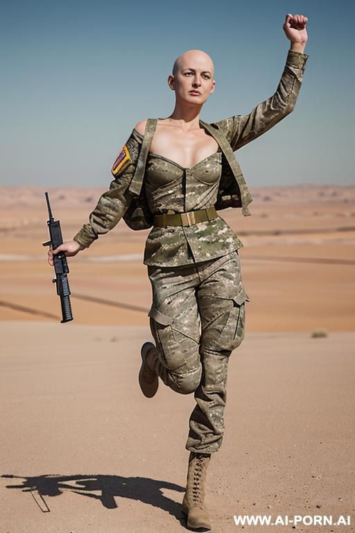 backview of full-length of slender bald japanese woman, age twenty, ((a cup teardrop boobs)), on the desert field, she wear transparent plastic long robe too and yellow satin jacket, military yellow boots, she is running away and finger to the sky - #main
