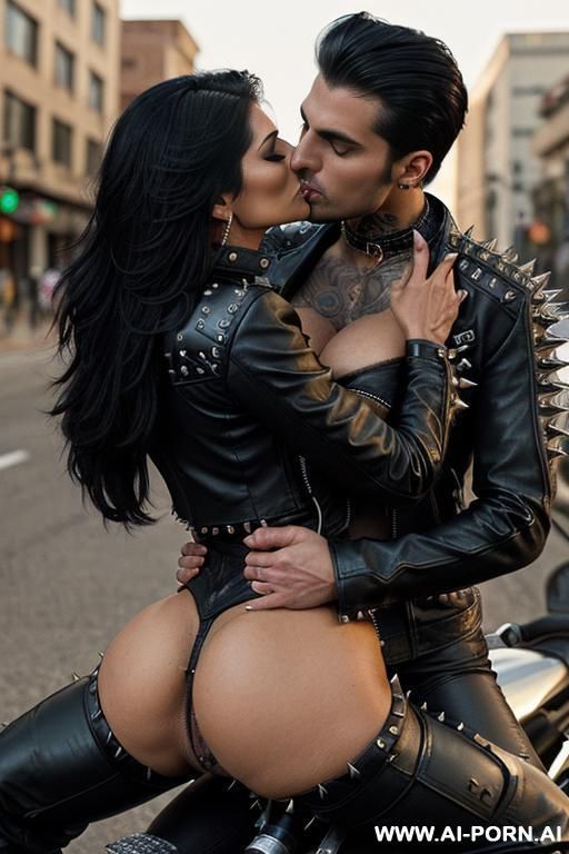 ((((persian biker milf hugging and kissing a twenty year old muscular punk man on the lips)))) with (((((((gigantic tits))))))) and (((long hair))), (makeup) , (((tight spiked studded black leather - #main
