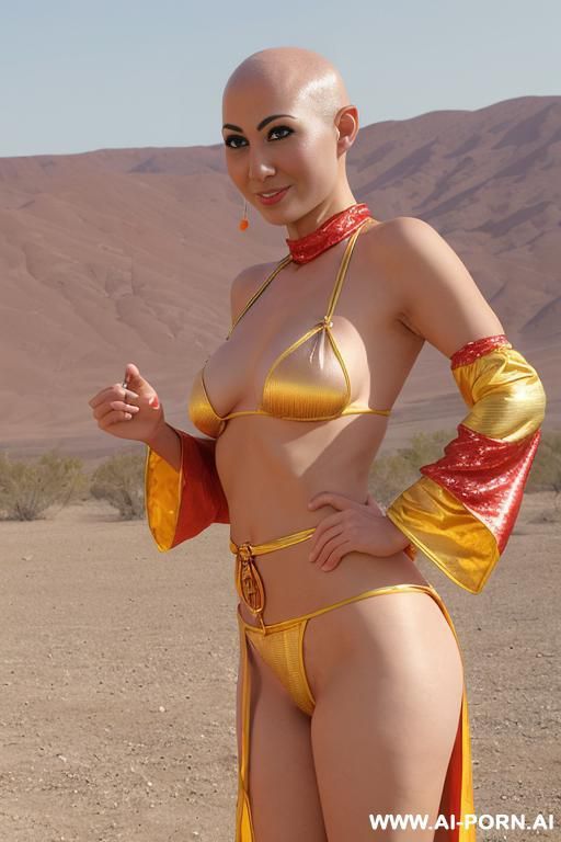 backview of full-length of slender bald japanese woman, age twenty, ((a cup teardrop boobs)), on the desert field, she wear transparent plastic long robe too and yellow satin jacket, military - #main