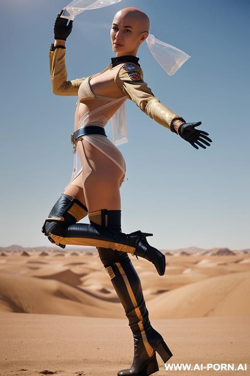 backview of full-length of slender bald japanese woman, age twenty, ((a cup teardrop boobs)), on the desert field, she wear transparent plastic long robe too and yellow satin jacket, military yellow boots, she is running away and finger to the sky - #main