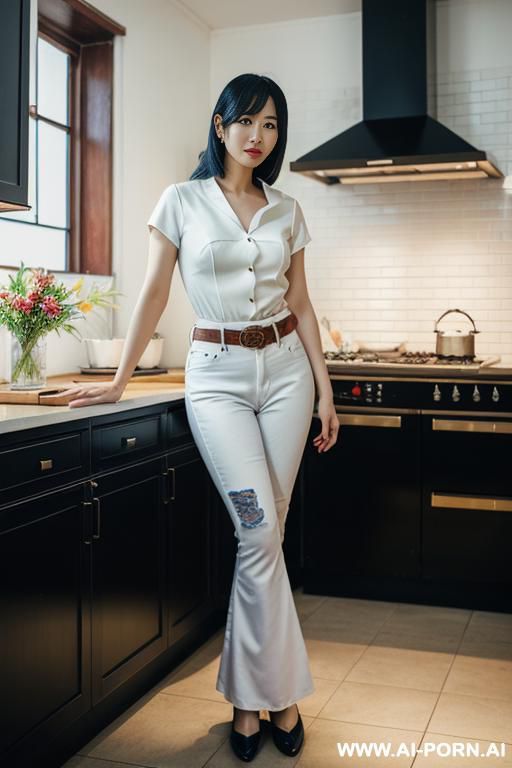 asian, white top, vintage flared blue jeans, leather belt, oxford shoes - #main