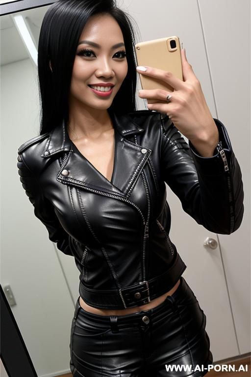 ((((asian)))), (makeup) , ((tight black leather jacket)) (((tight black leather hotpants))) ((((selfie)))), model - #main