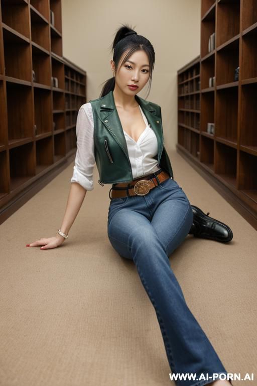 asian, bootcut blue jeans, short light-green leather vest, belt, oxford shoes, lying on the back spreading legs apart - #main