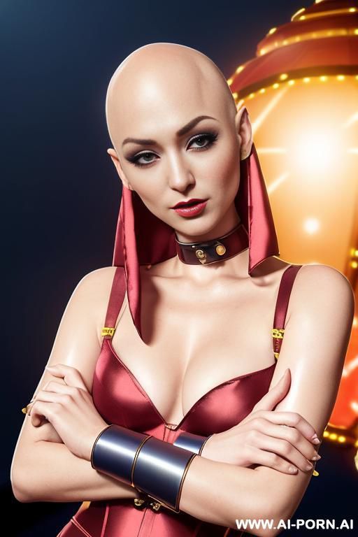 backview of full-length of slender bald japanese woman, age twenty, ((a cup teardrop boobs)), on the desert field, bald head, she wear transparent plastic long robe too and yellow satin jacket, - #main