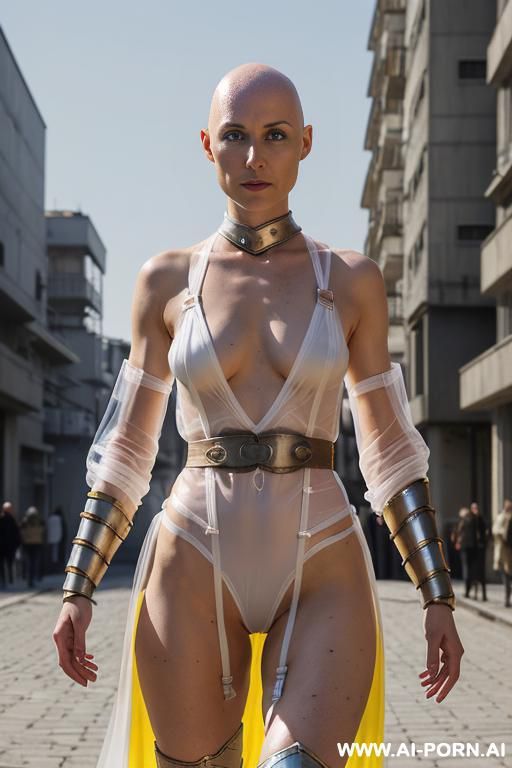 hyperrealism painting: female bodies fighting, full-length of slender bald japanese women, age twenty, ((a cup teardrop boobs)), on the streets, bald heads, they wear transparent plastic long robe - #main