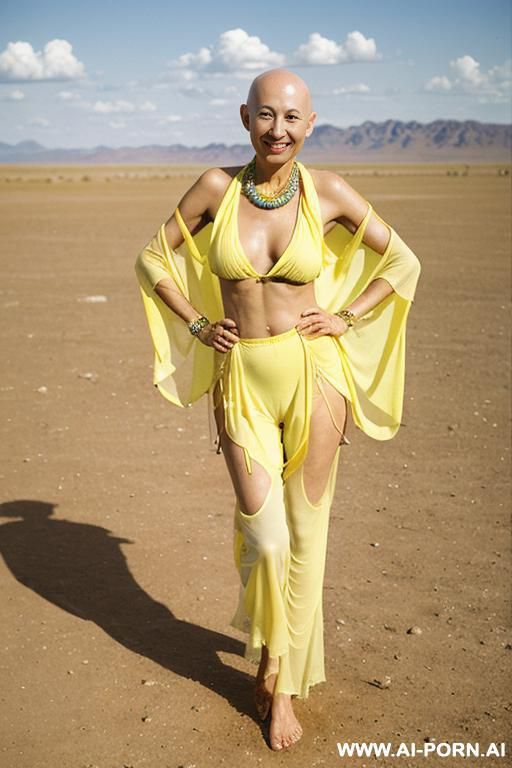 hyperrealism painting: full-length of slender bald japanese womans with friends, age twenty, ((a cup teardrop boobs)), on the desert field with friends, bald heads, art - #main